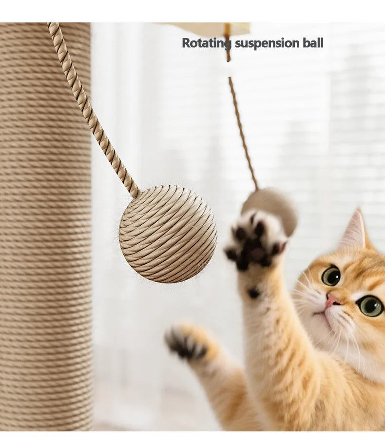 Windmill-style cat climbing frame with carpet leather covering and a white plastic ball hanging on a 40cm cord.