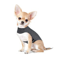 Heather grey dog anxiety vest made from brocade cotton fabric on a dog, showing its snug fit.