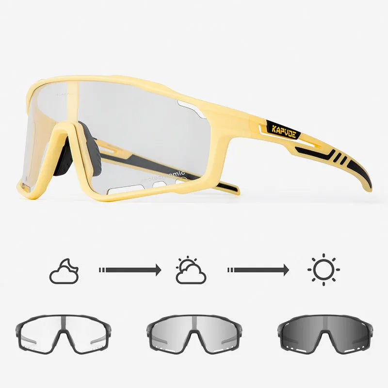 Photochromic cycling sunglasses with semi-rimless TR90 frame on a bicycle helmet.