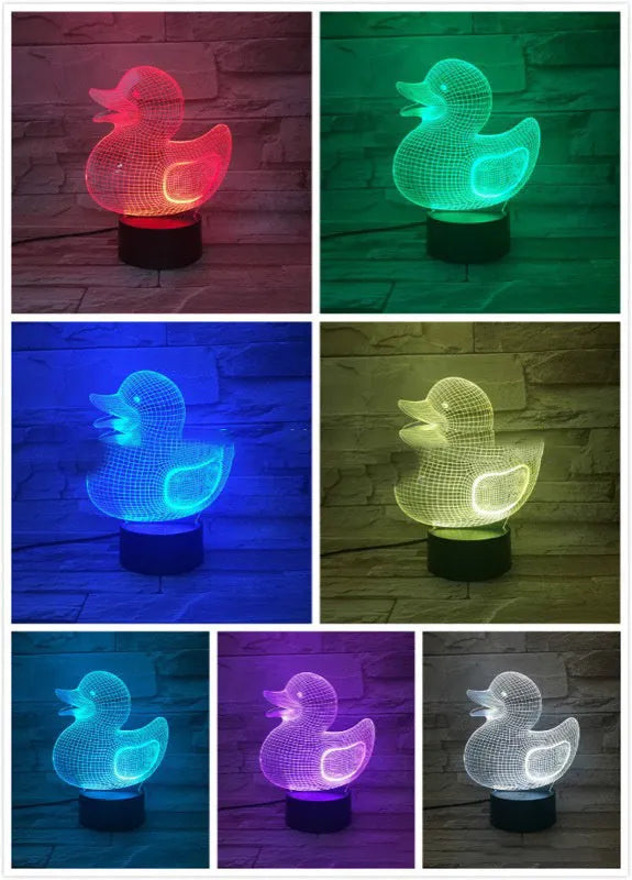 Yellow duck-shaped 3D acrylic night light with ABS base, showing multi-colour LED glow.
