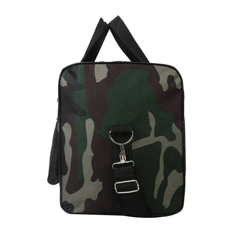 Camouflage coloured waterproof luggage bag with large capacity for travel.