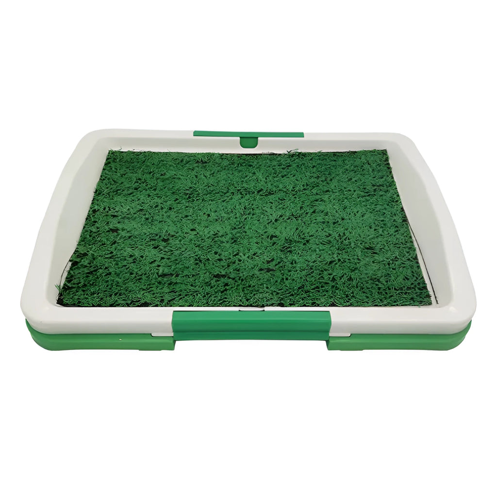 Green synthetic turf dog grass patch toilet training tray with three layers.