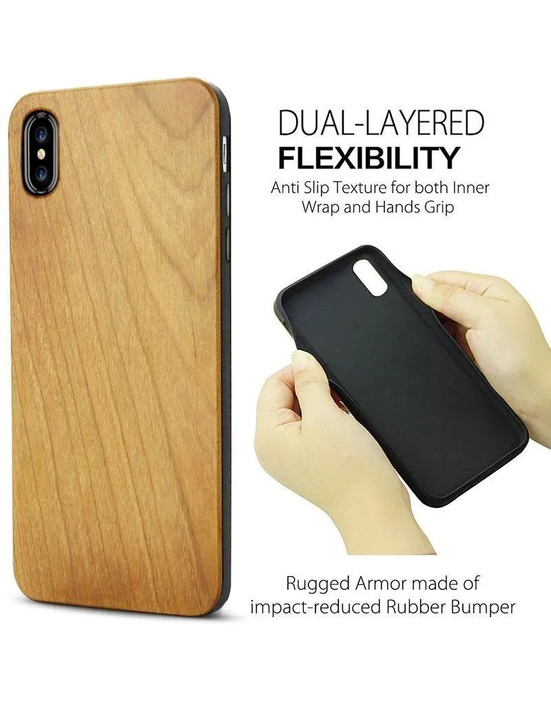Wooden iPhone case with TPU bumper showing laser-carved animal design