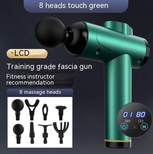 Massage gun with brushless motor, USB charging, dark gray or dark green, 4 or 8 heads, 36dB low noise