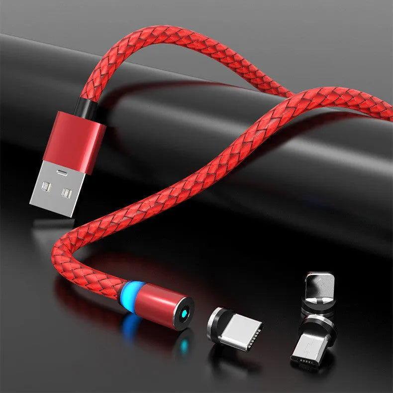Breathing light magnetic charging cable with LED indicator and interchangeable Lightning, USB-C, and Micro USB tips.
