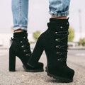 Women's suede high-heeled ankle boots in army green with a thick heel and buckle detail.