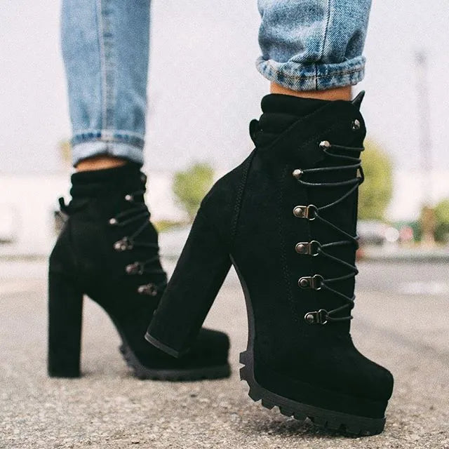Women's suede high-heeled ankle boots in army green with a thick heel and buckle detail.