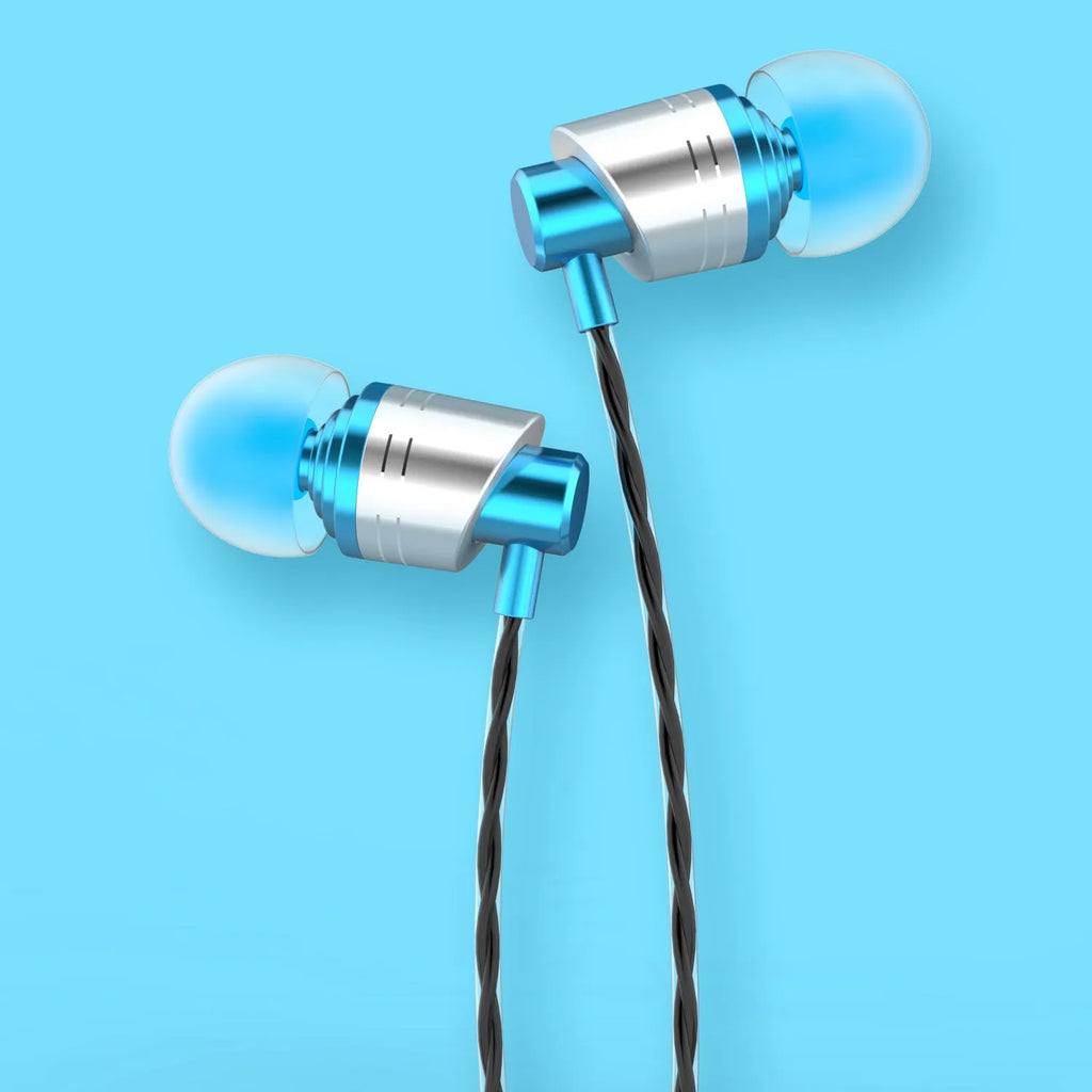 Black wired in-ear earphones with a 3.5mm plug, silicone earpieces, and a built-in microphone on the cable.