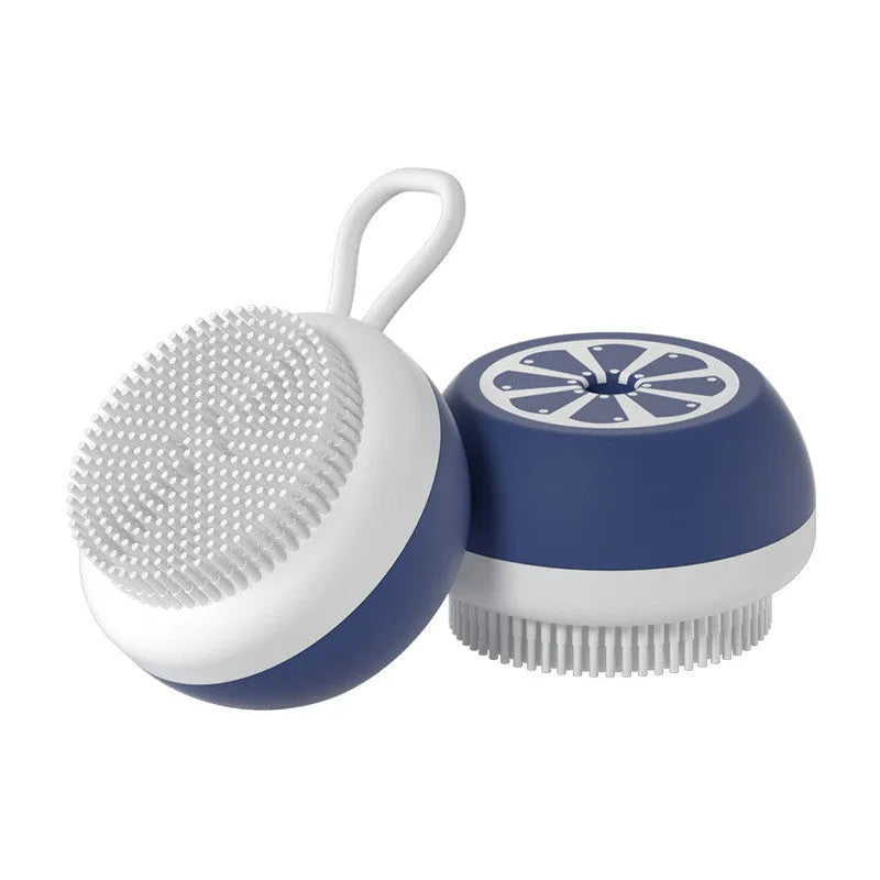 Yellow silicone pet bath brush with comb teeth and massage nodes on a 2-in-1 head.