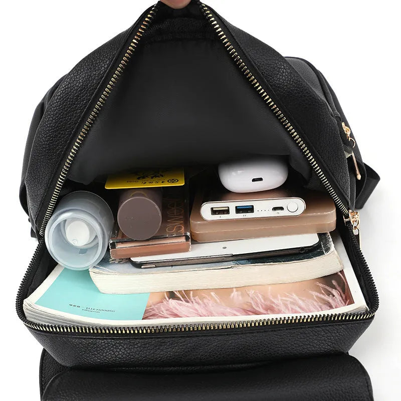 Women's soft PU leather backpack in advanced texture finish with three-dimensional pockets