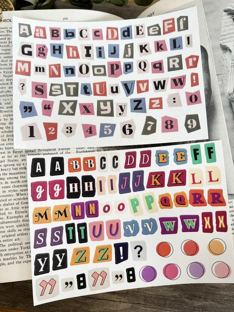 A4 sheet of colourful English alphabet, number, and word stickers in a cute style for decoration and organisation.