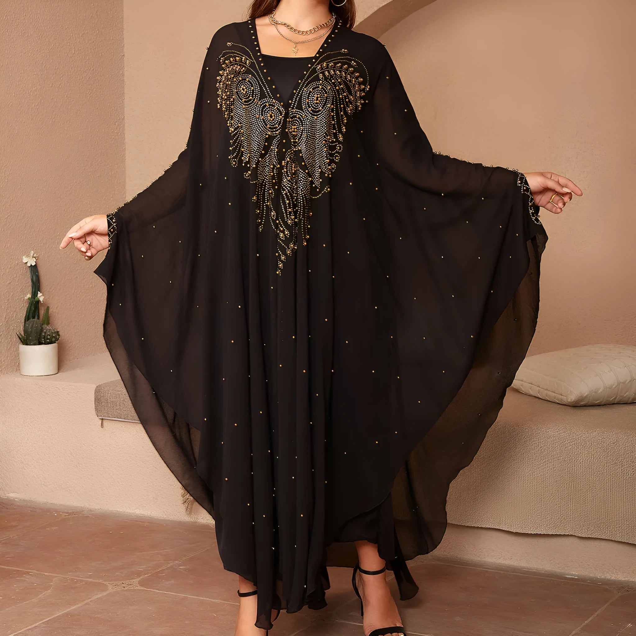 Long purple chiffon shawl with rhinestone beading, draped to show length and detail.
