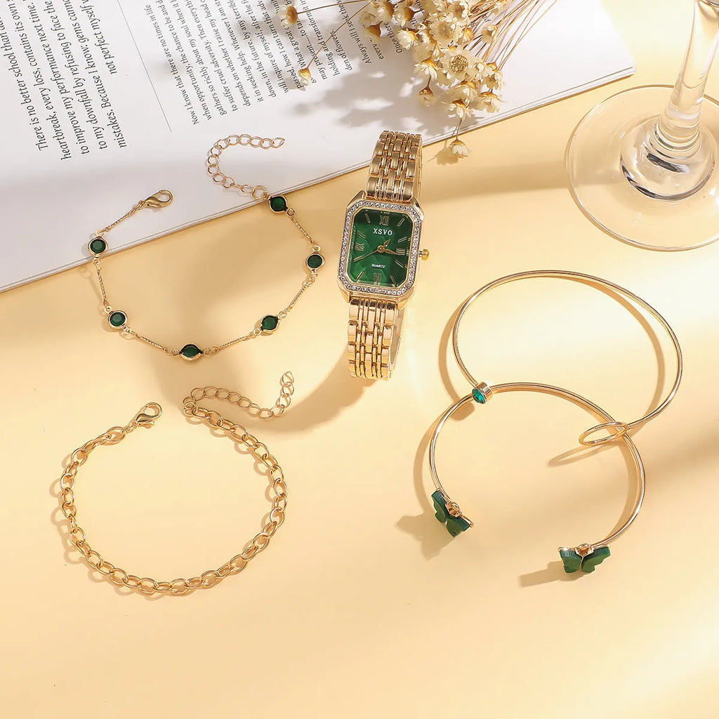 Gold Green square women's watch with alloy strap and four matching bracelets