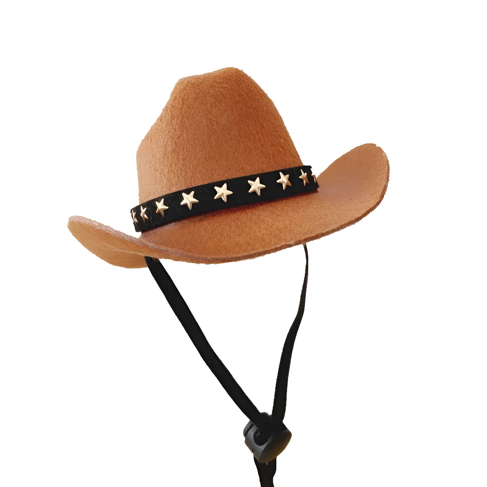 A black pet cowboy hat with a star decoration, shown with adjustable straps, sized for a cat or dog.