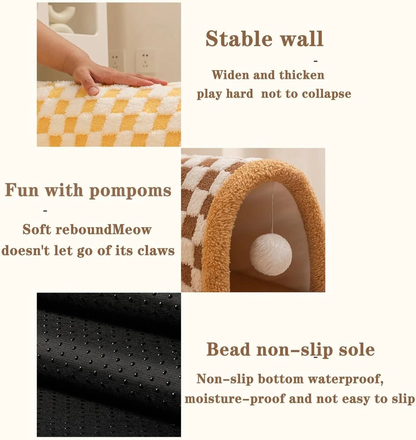 Brown plush plaid cat tunnel bed with central mat showing collapsible tube design