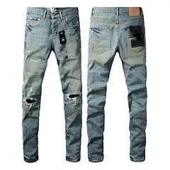 Black men's slim fit skinny jeans with a straight leg and button-fly cardigan opening.