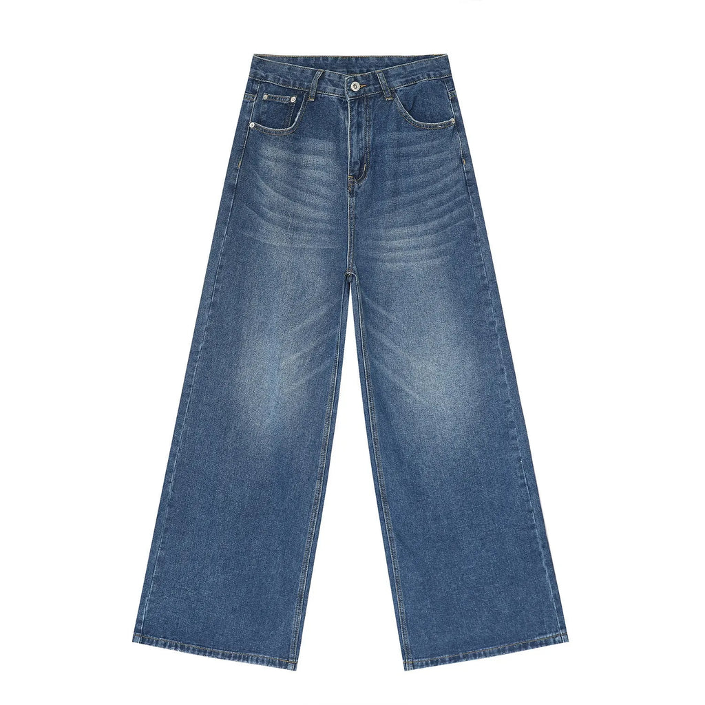Men's retro washed straight leg jeans in dark blue, loose fit, mid waist, cotton blend denim