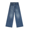 Men's retro washed straight leg jeans in dark blue, loose fit, mid waist, cotton blend denim