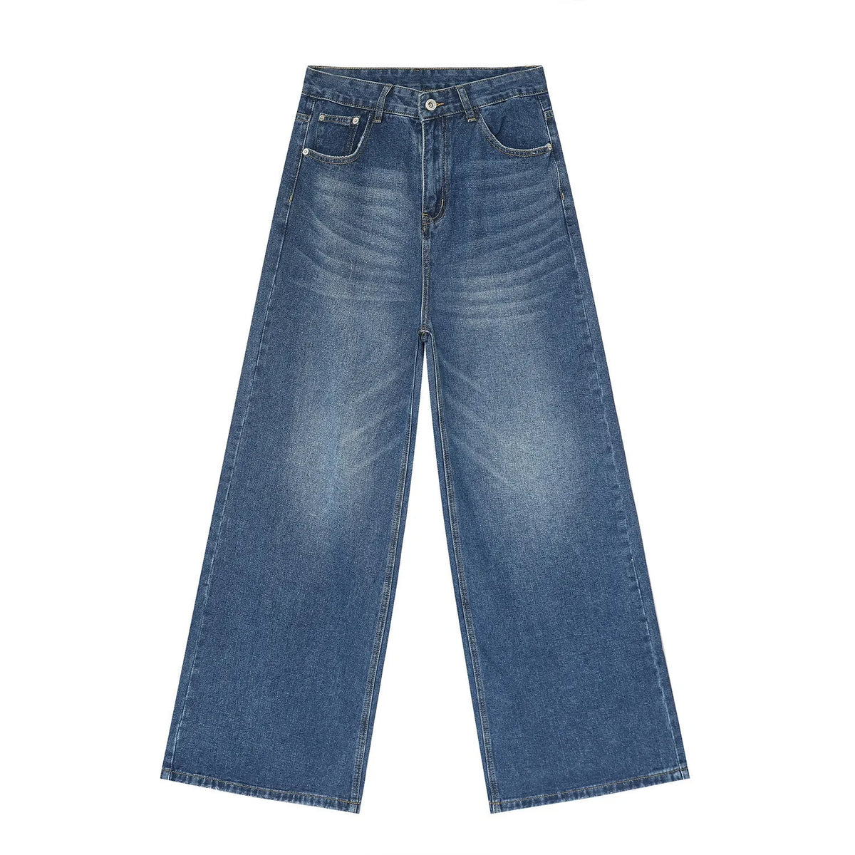 Men's retro washed straight leg jeans in dark blue, loose fit, mid waist, cotton blend denim