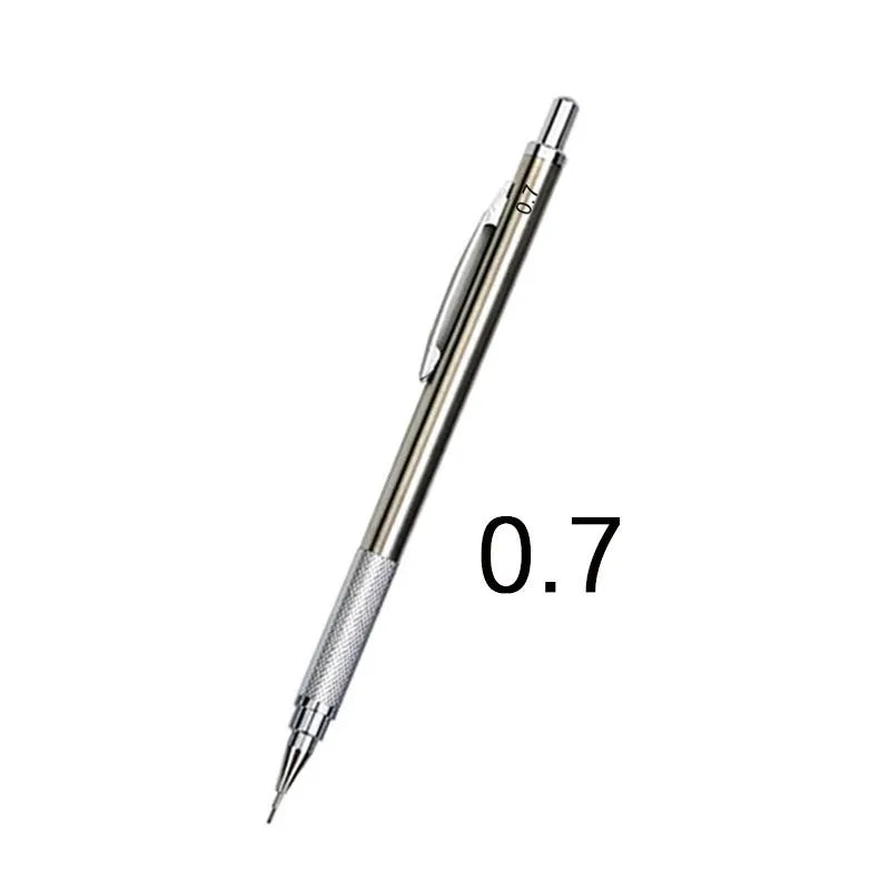 Metal automatic mechanical pencil showing lead size options from 0.3mm to 3.0mm for writing and drafting