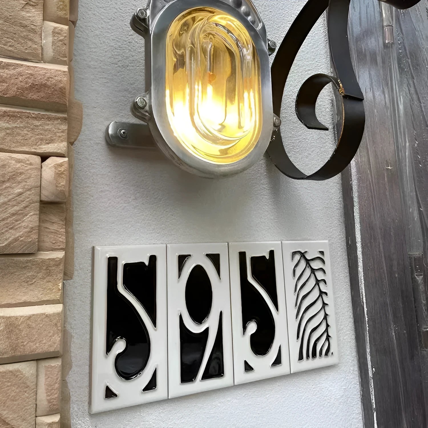 Handmade retro-style ceramic doorplate with enamel number, shown in 76mm by 152mm size.