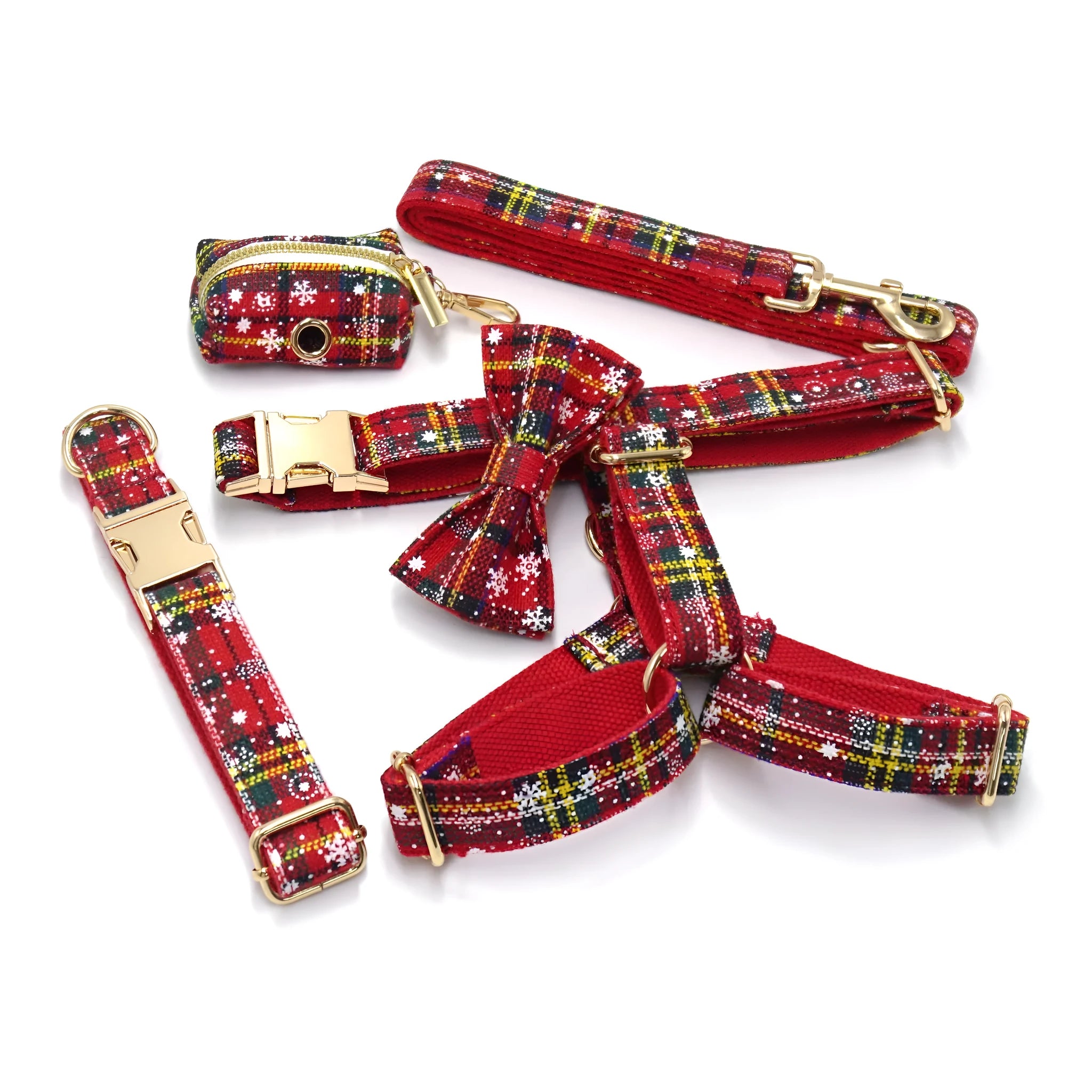 Red Christmas dog suit set with collar, leash, bow, and chest-back harness on a festive background.