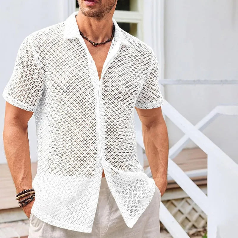 Men's cotton blend mesh short sleeve lapel shirt in beige colour