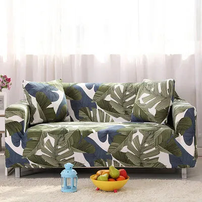 Geometric patterned stretch sofa slipcover fitted on a three-seater sofa