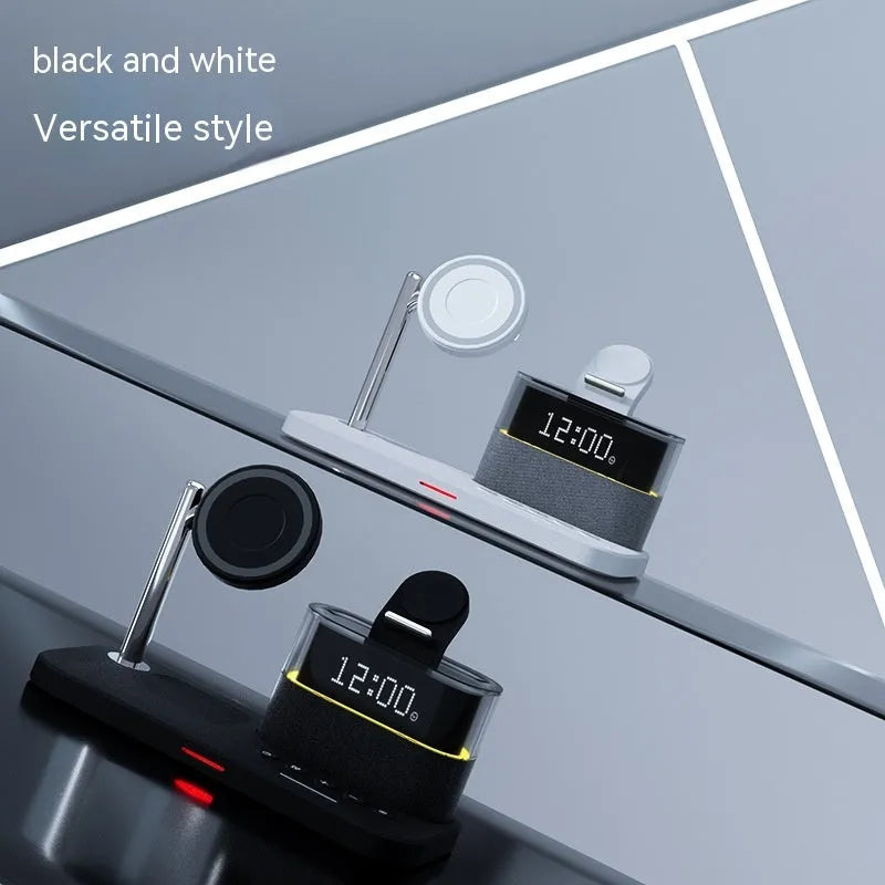 C09 Black three-in-one magnetic night lamp wireless charger with alarm clock on a table