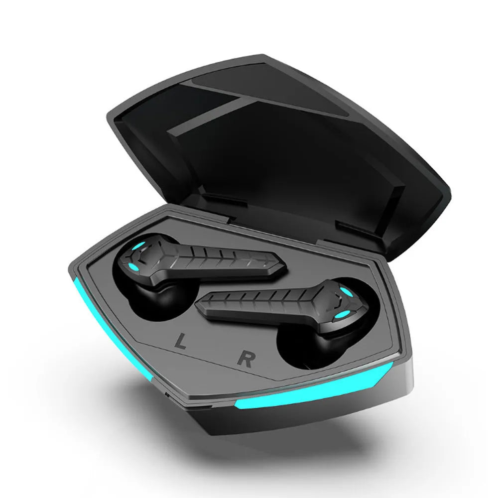 X15 black wireless Bluetooth in-ear gaming headphones with charging case