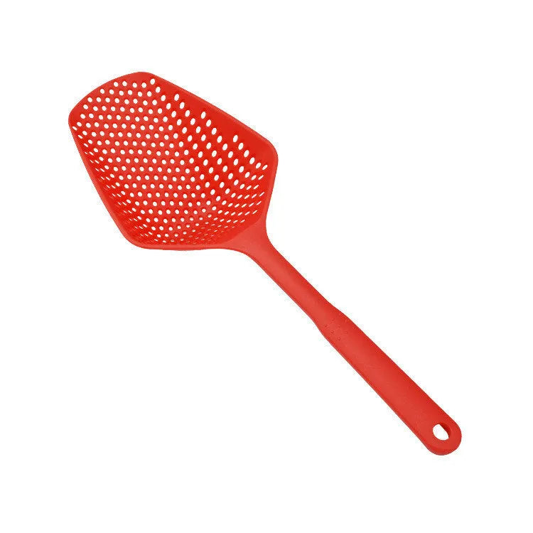 Nylon large scoop strainer colander in black for draining fried food from a pan