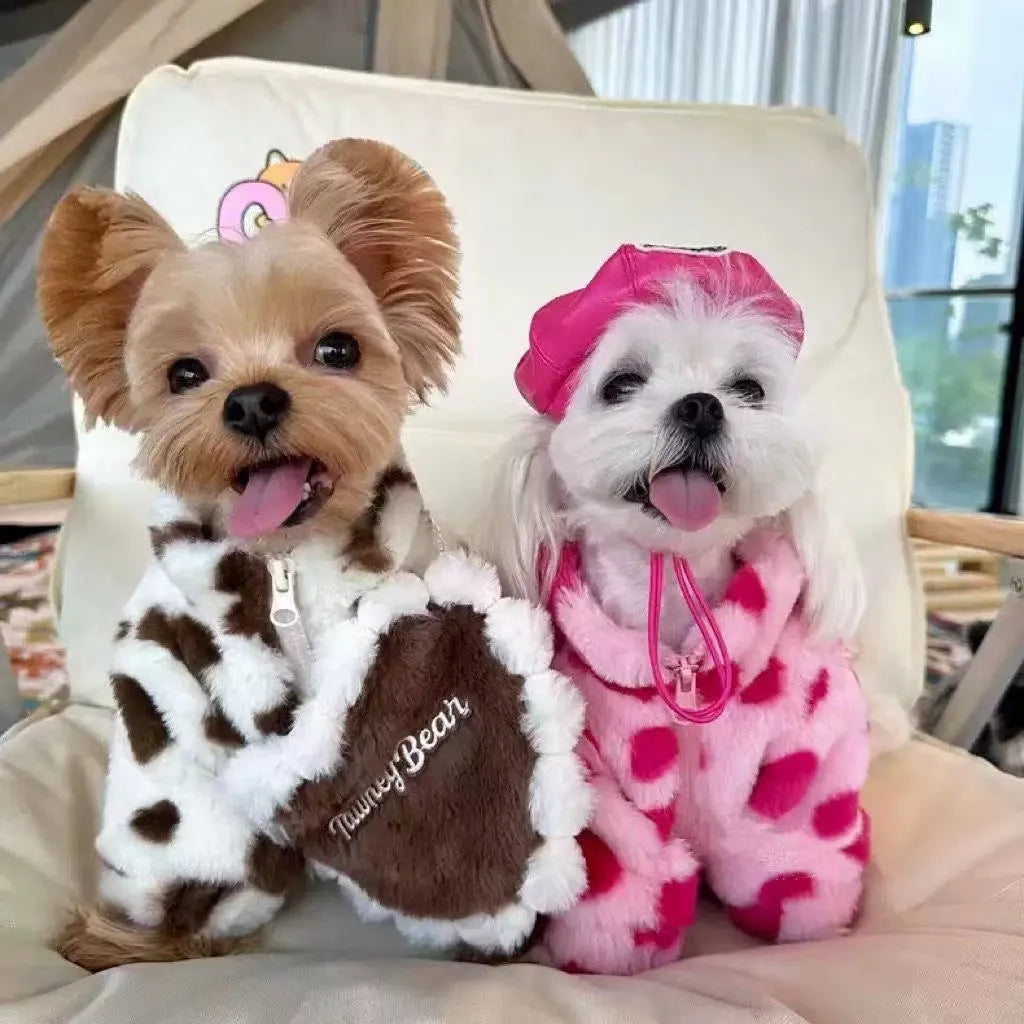 Polyester plush warm coat for small dogs in pink and brown colours with British style design