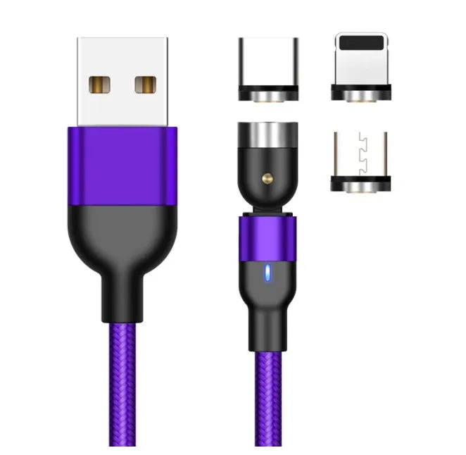 Essager black magnetic USB cable with 360-degree rotating head and blue LED light, shown with Micro USB, Lightning, and Type C tips.