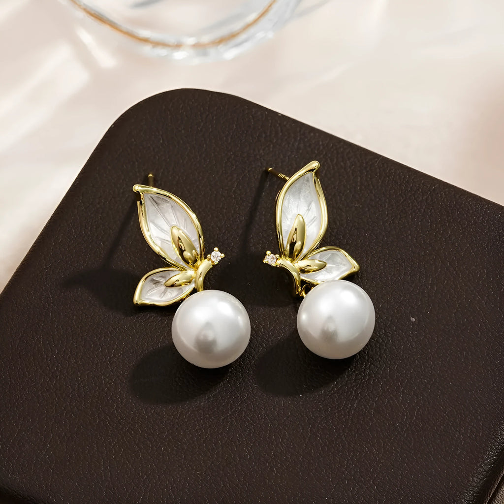 Copper butterfly drop earrings with electroplated finish and zircon painting detail for women