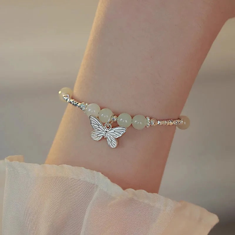 Hetian jade butterfly bracelet or necklace in electroplated copper, women's niche jewellery, silver tone
