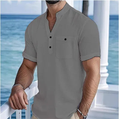 Men's apricot-coloured linen blend T-shirt with a stand collar and short sleeves on a hanger.