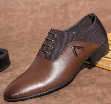 Men's black Oxford shoe with artificial PU upper and rubber sole, shown on a size chart background.