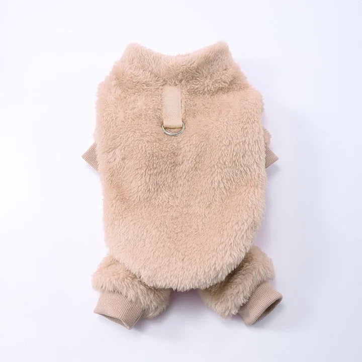 Polyester solid colour pet jacket with fur trim in gray, front view, size M