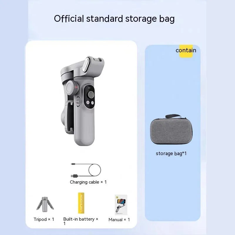 Silver grey smartphone gimbal stabiliser with extended arms and Bluetooth remote on a black background.