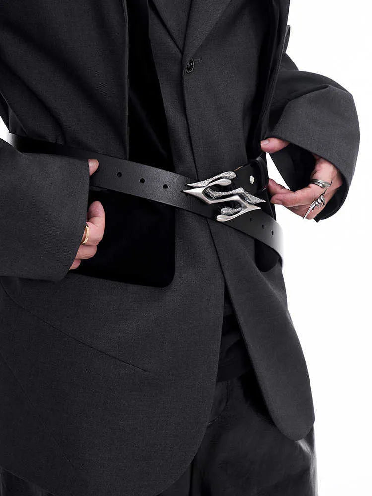 Black men's leather belt with a metal letter buckle, made from two-layer cowhide, laid flat to show its 110cm length.
