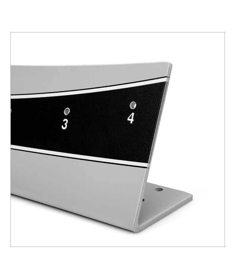 Golf putter with attached adjustable trajectory balance simulator, a PVC training aid for stroke feedback.