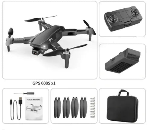 S608 PRO quadcopter in orange with dual cameras, foldable propellers, and GPS module on black background