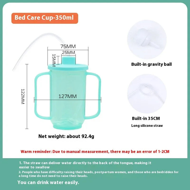 Oblique mouth choke-proof plastic drinking cup with handle and lid for elderly and pregnant adults.