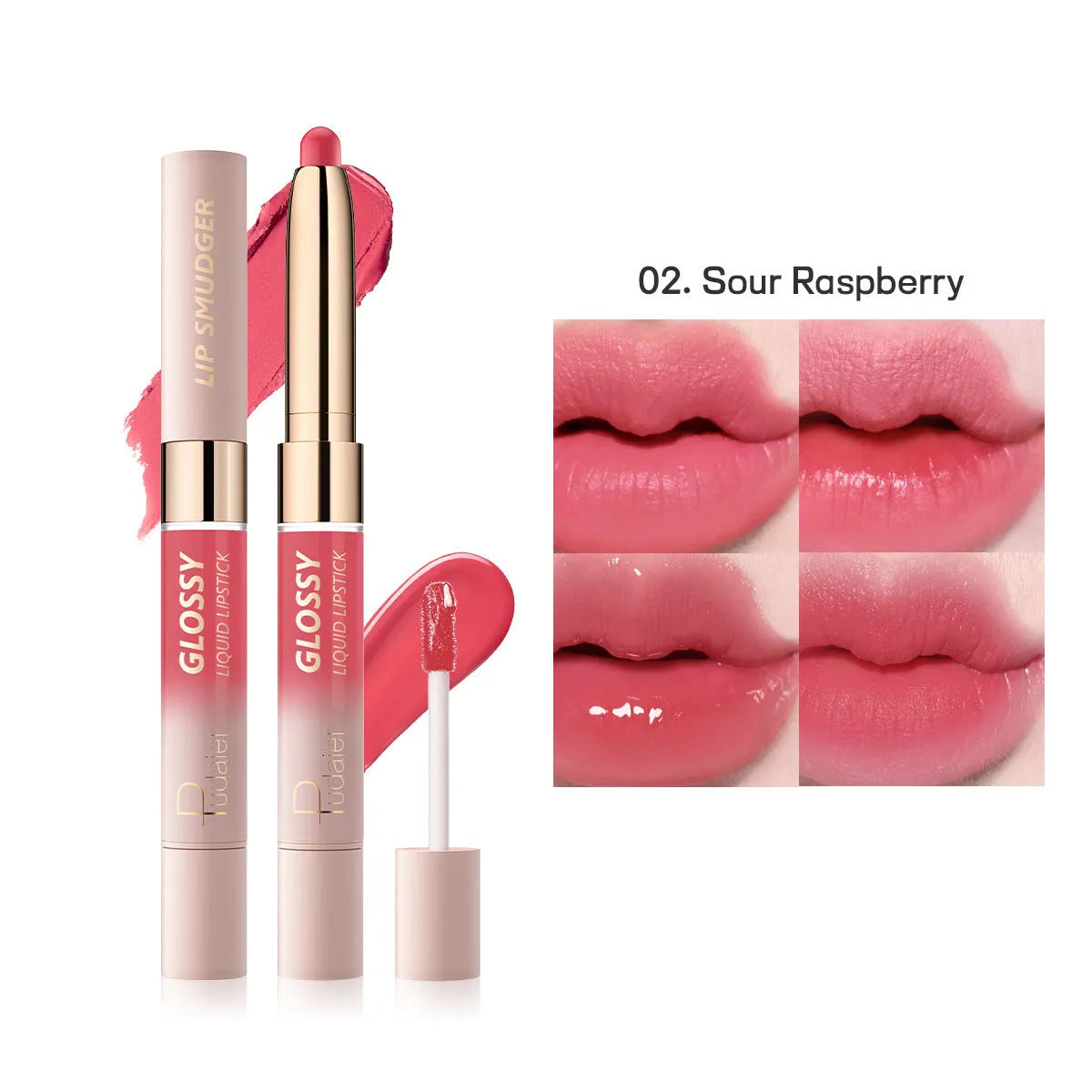 Double-headed lipstick and lip gloss product showing matte and glossy ends in one of ten available colours.