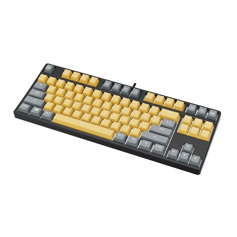87-key wired mechanical keyboard with two-tone keycaps, shown with switch puller and cleaning brush