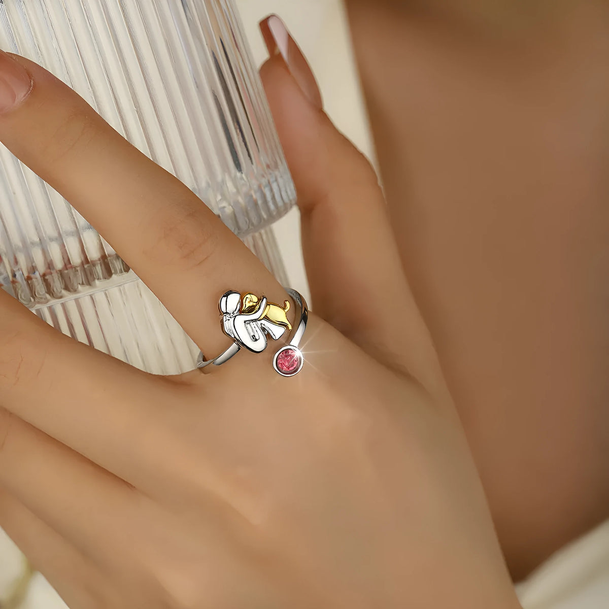 Adjustable birthstone open ring in zinc alloy with rhinestone detail and twelve month colour options