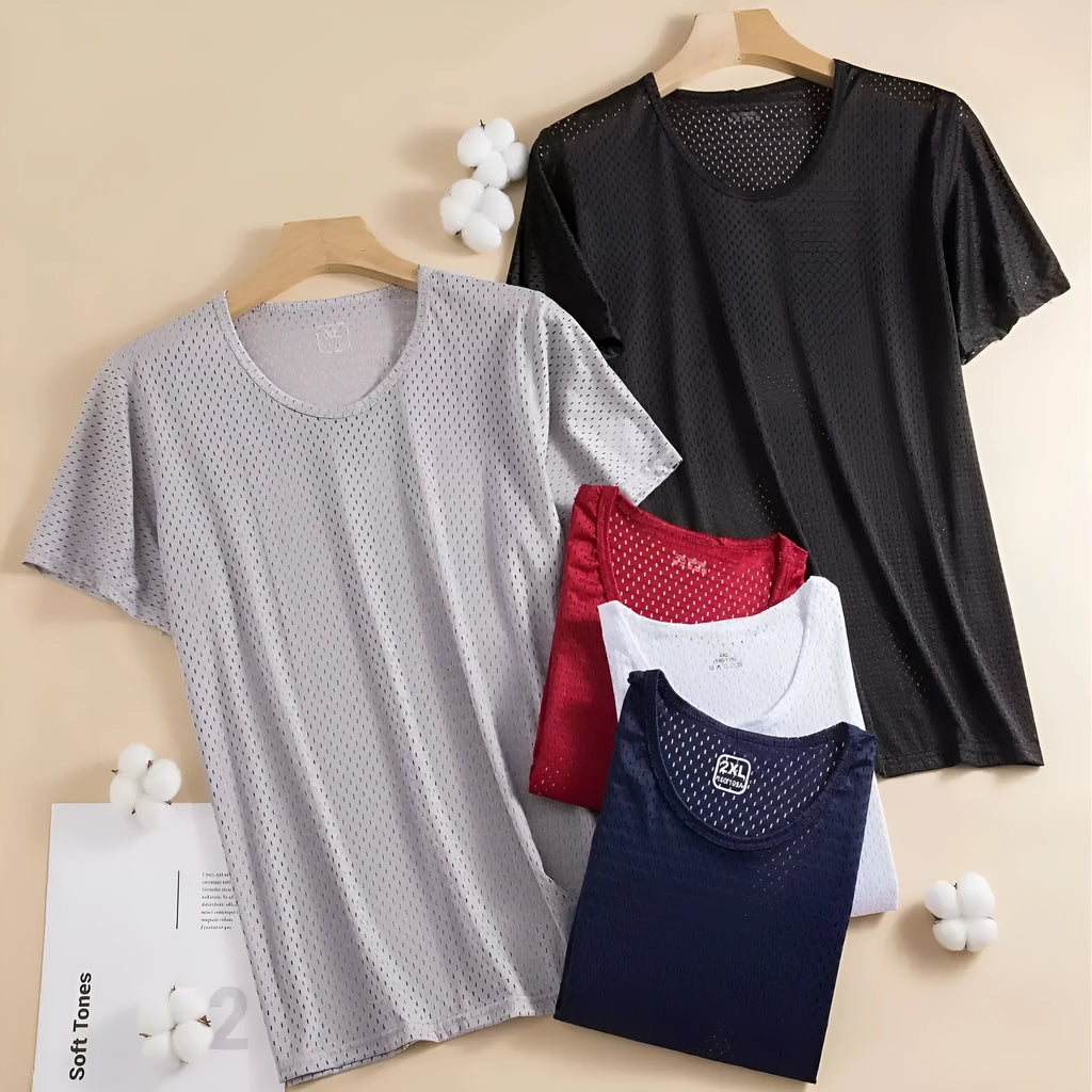 Men's solid colour Ice Silk short sleeve crew neck t-shirt on a hanger.
