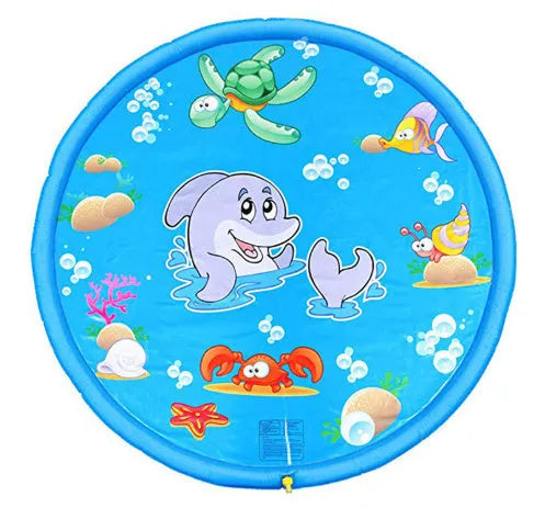 Blue children's water spray play mat with marine animal graphics on grass connected to a hose