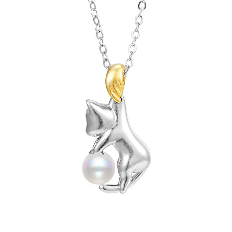 Sterling silver clavicle-length necklace with a cat charm pendant.