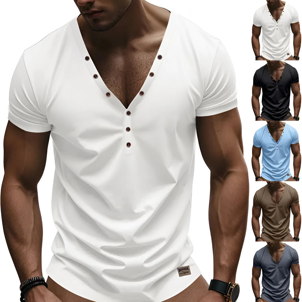 Men's loose V-neck pullover with button design in chemical fibre blend fabric